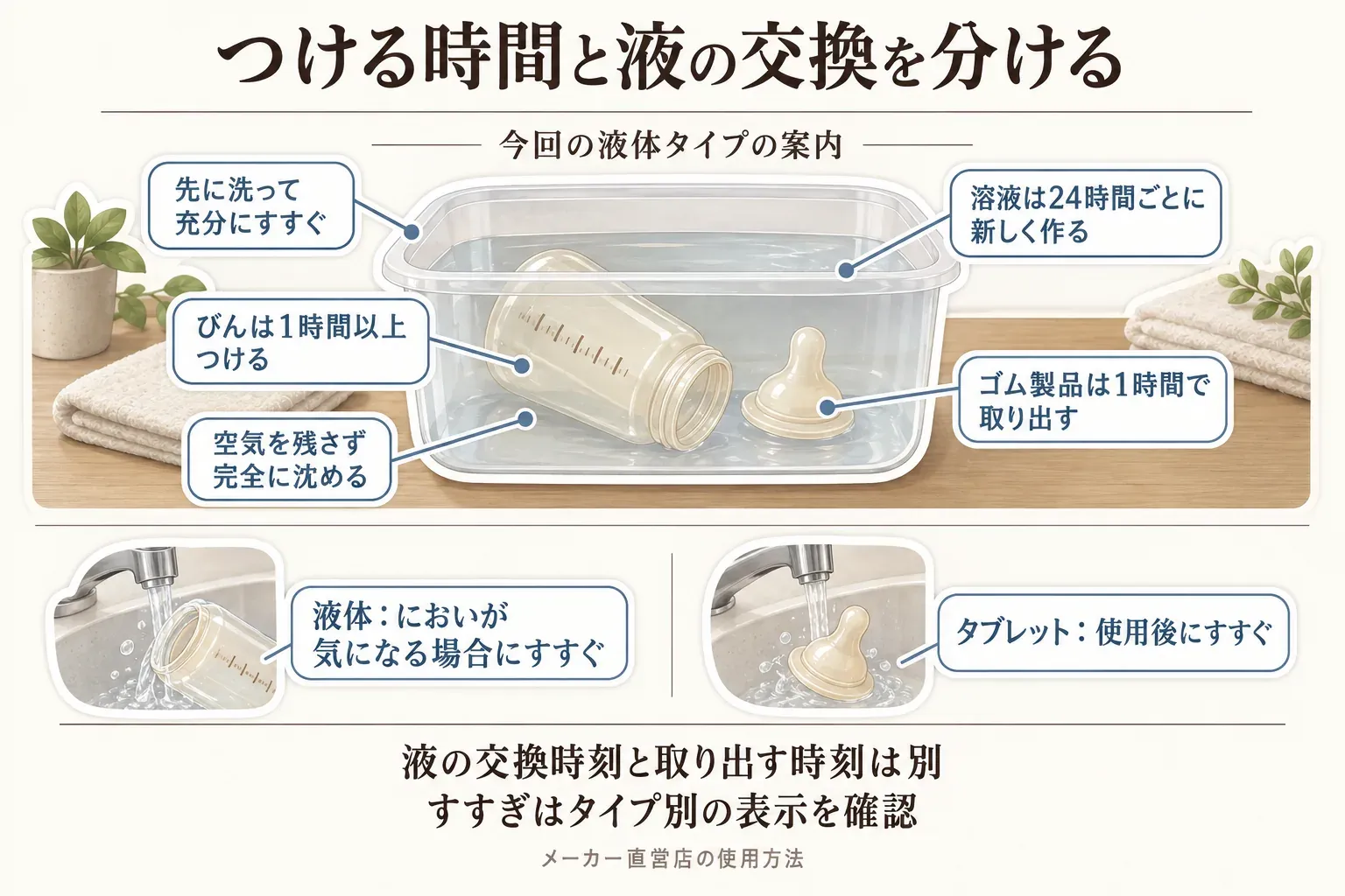 「つけるだけ」のつけ置き時間・溶液交換・すすぎ方を示す図。液体タイプは先に洗って充分にすすぎ、空気を残さず完全に沈め、びんは1時間以上つけ、乳首などのゴム製品は1時間で取り出す。溶液は24時間ごとに新しく作る。液体はにおいが気になる場合にすすぎ、タブレットは使用後にすすぐ案内で、液の交換時刻と取り出す時刻を分け、タイプ別の表示を確認する。出典：メーカー直営店の使用方法。