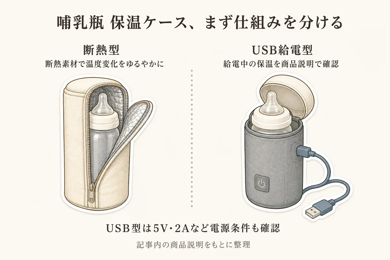 哺乳瓶保温ケースの仕組みを断熱型とUSB給電型に分けた図。断熱型は断熱素材で温度変化をゆるやかにし、USB給電型は給電中の保温を商品説明で確認すること、USB型では5V・2Aなどの電源条件も確認することを記事内の商品説明をもとに示している。