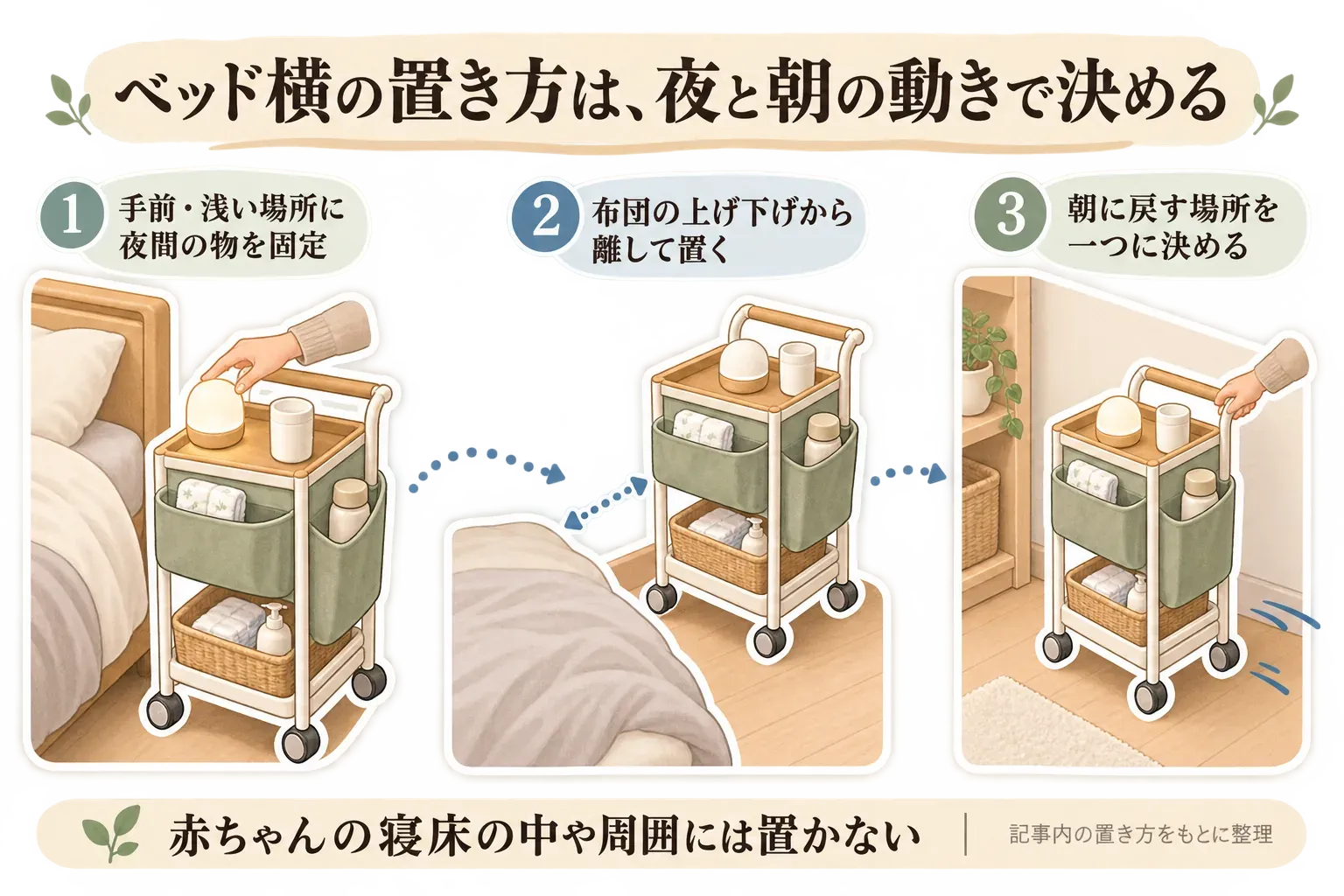 夜間授乳で片手で取り出しやすい置き方を示す図。ベッドから手を伸ばせる側にワゴンを置き、ライトは天板、ガーゼは手前の浅い場所、使い終わった物は決めたカゴへ戻すよう、使う物を一段目・手前・浅い区画に固定している。