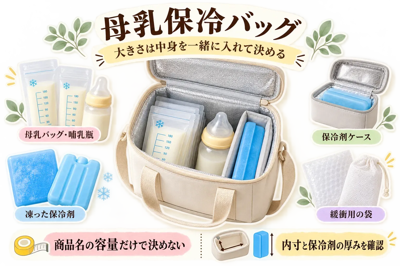 母乳バッグと哺乳瓶、凍った保冷剤、保冷剤ケース、緩衝用の袋を保冷バッグに収める例。大きさは商品名の容量だけで決めず、内寸と保冷剤の厚みを測って、すべてを入れた状態で確認することを示す図。記事内の選び方をもとに整理。