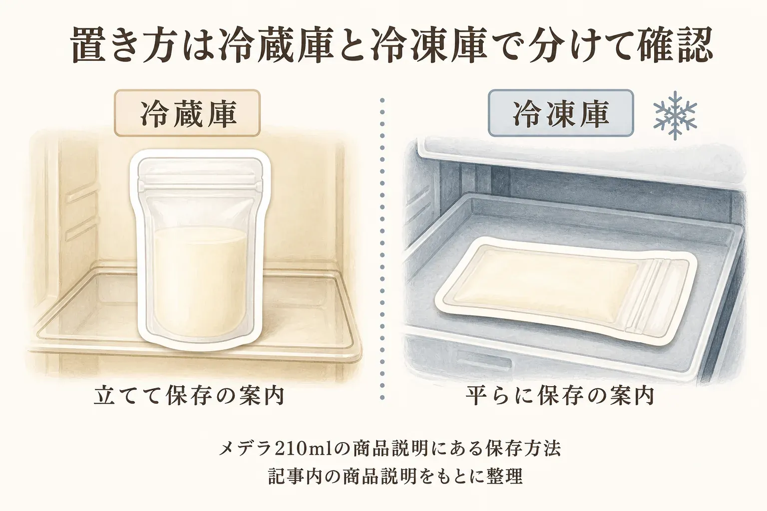 母乳保存バッグの置き方を冷蔵庫と冷凍庫で分けた図。メデラ210mlの商品説明にある保存方法として、冷蔵庫では立てて保存し、冷凍庫では平らに保存することを示している。記事内の商品説明をもとに整理。