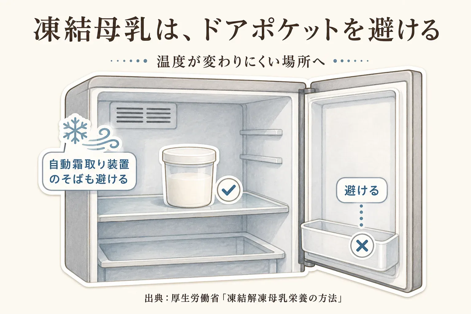 凍結母乳は温度が変わりやすい冷蔵庫のドアポケットと自動霜取り装置のそばを避け、庫内の温度が変わりにくい場所に置くことを示す図。出典：厚生労働省「凍結解凍母乳栄養の方法」。