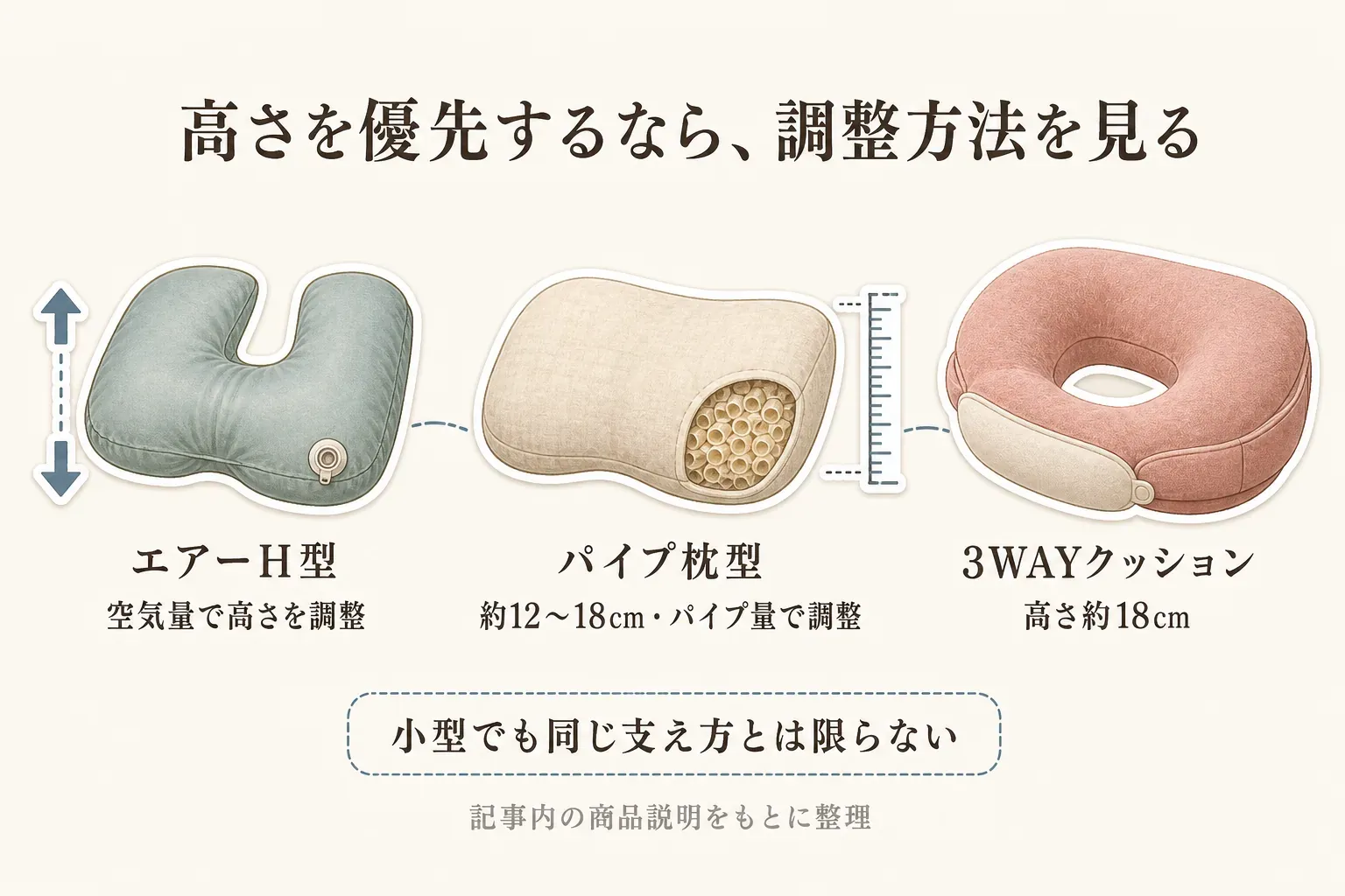 高さを優先する際の調整方法を示す図。エアーH型は空気量で高さを調整、パイプ枕型は約12〜18cmでパイプ量を調整、3WAYクッションは高さ約18cmとして、各商品の支え方が同じとは限らないことを記事内の商品説明をもとに整理している。
