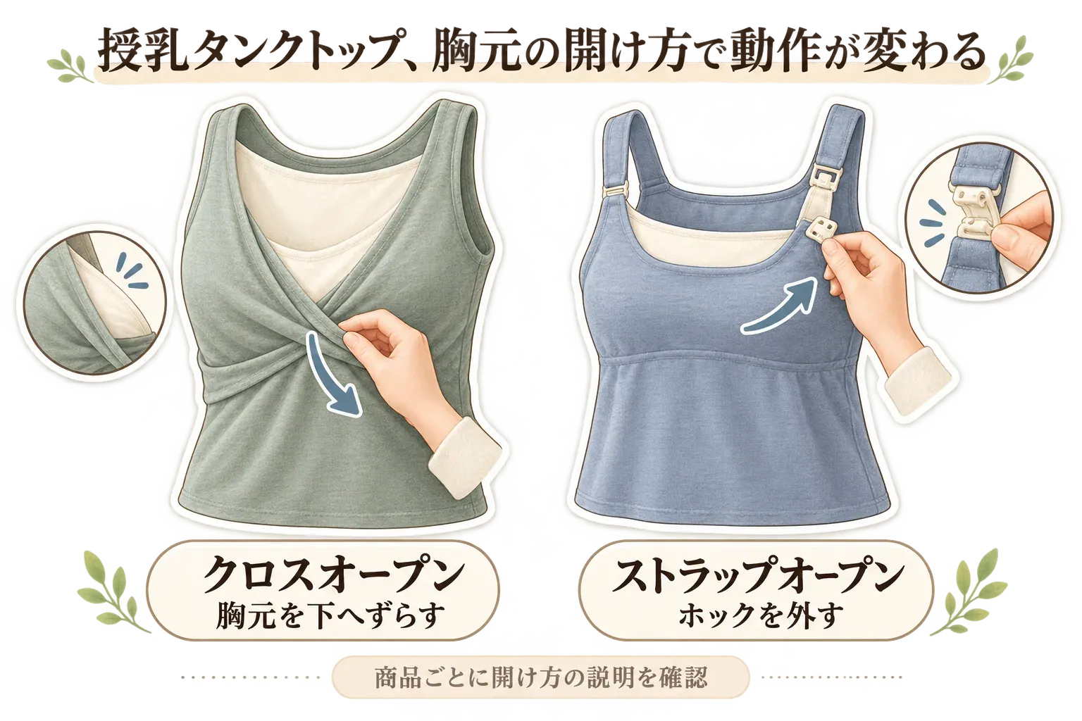 授乳タンクトップの胸元の開け方による動作の違いを示す図。クロスオープンは胸元の布を下へずらし、ストラップオープンは肩ひものホックを外して開く様子をイラストで示し、商品ごとに開け方の説明を確認するよう案内している。記事内の商品説明をもとに整理。