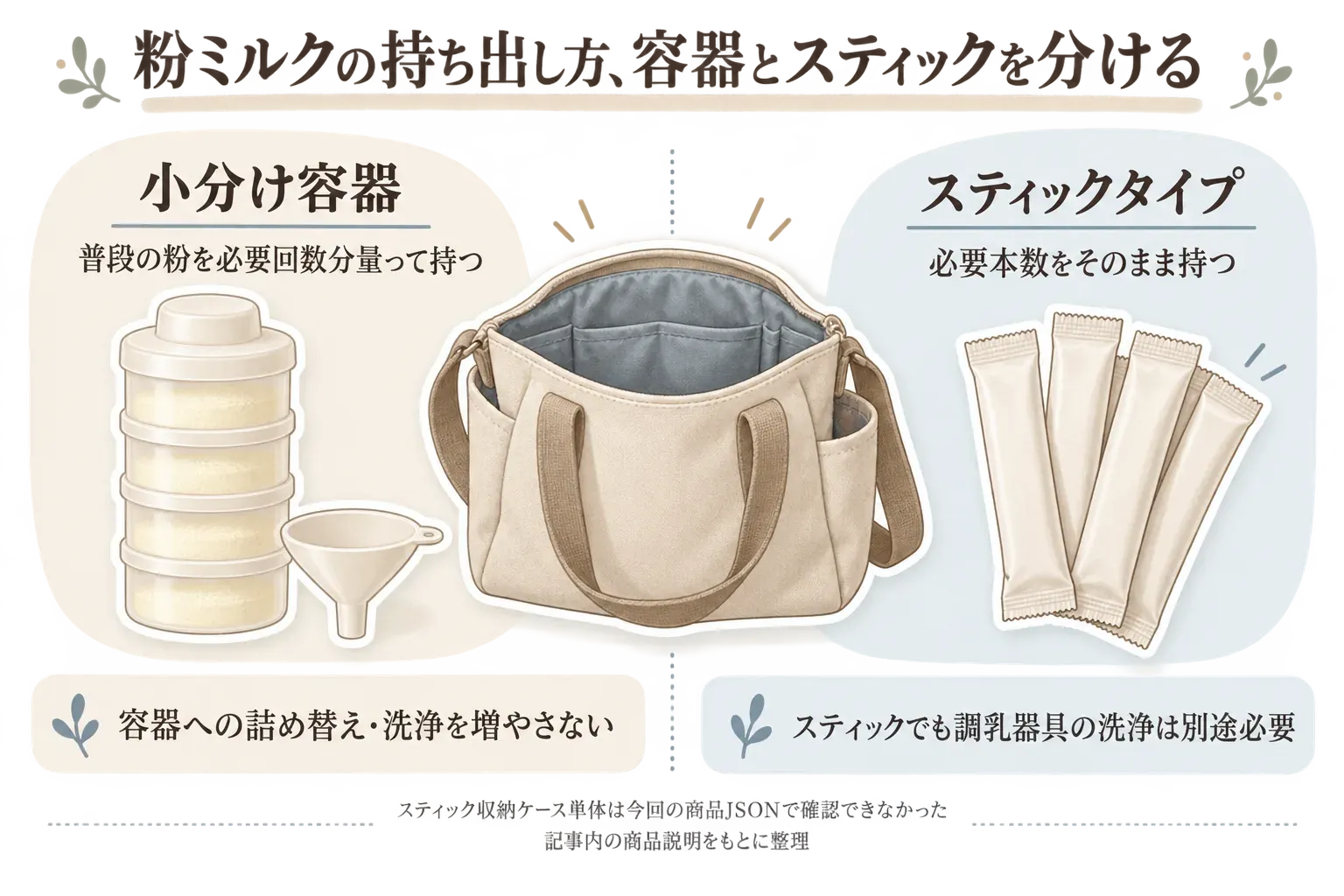 粉ミルクの持ち運び方を比較した図。小分け容器は普段の粉ミルクを必要回数分に量って区画へ入れ、外出先で哺乳びんへ移す方法、スティックタイプは1本ずつ包装された粉ミルクを必要本数だけ持ち、容器への詰め替えや小分け容器の洗浄を増やさない方法として示している。記事内の商品JSONをもとに整理。
