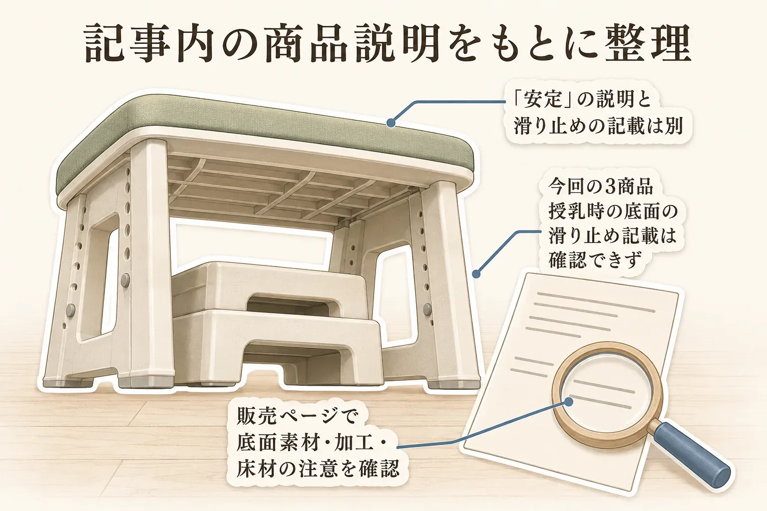 「安定性」の説明と滑り止めの記載は別に確認することを示す図。足枕のフィット、クッション付きステップ台の広い台、高さ調整ステップ台の幅や耐荷重は安定性に関する説明だが、今回の3商品では授乳時の底面の滑り止め記載は確認できない。販売ページで底面素材・加工・床材の注意を確認するよう整理している。