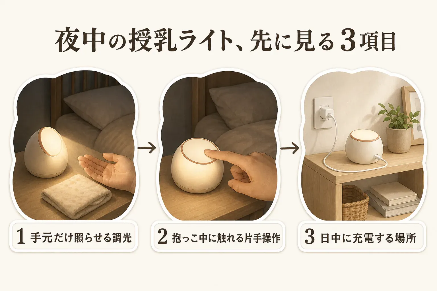 夜中の授乳ライトで先に見る3項目として、おむつ替えの手元だけを照らせる調光、抱っこ中でもライトに触れられる片手操作、日中に充電する場所を、ベッドサイドのライトのイラストで示した図。