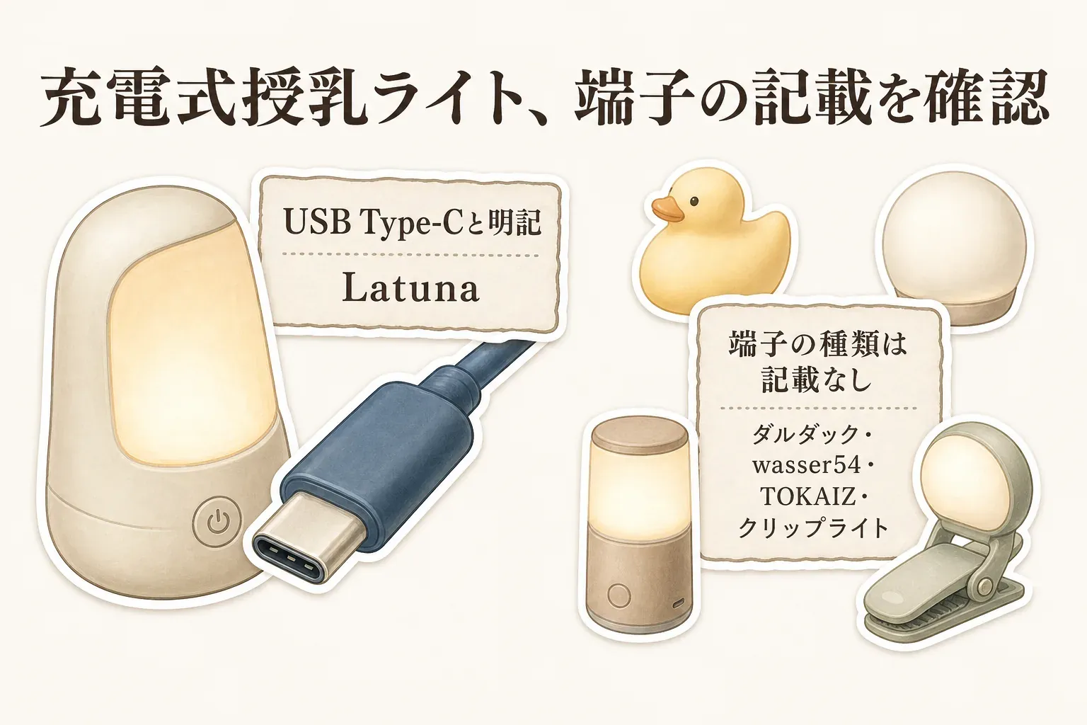 充電式授乳ライトの充電端子の記載を比較した図。LatunaはUSB Type-Cと明記され、ダルダック・wasser54・TOKAIZ・クリップライトは端子の種類が記載なしと示している。