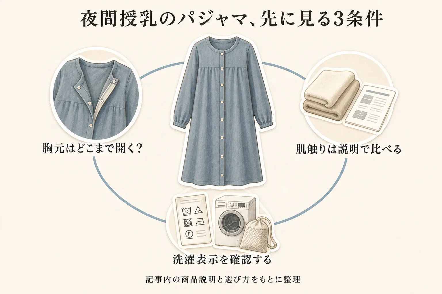 夜間授乳用パジャマで先に見る3条件として、胸元をどこまで開けるか、商品説明で肌触りを比べること、洗濯表示を確認することを、前開きワンピース・布地・洗濯機のイラストで示した図。記事内の商品説明と選び方をもとに整理。