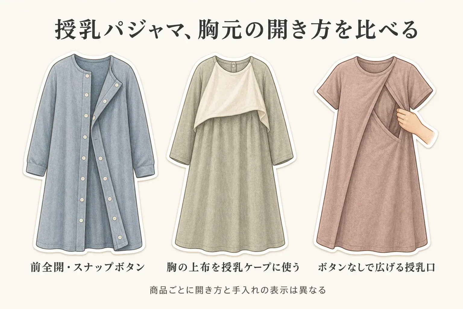 授乳パジャマの胸元の開き方として、前全開・スナップボタン、胸の上布を授乳ケープに使うタイプ、ボタンなしで広げる授乳口の3種類をワンピースのイラストで比較した図。商品ごとに開き方と手入れの表示は異なることを示している。